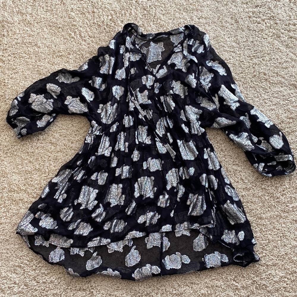 Zara Black Silver Metallic Sheer Floral Mini Dress Long Sleeve M
